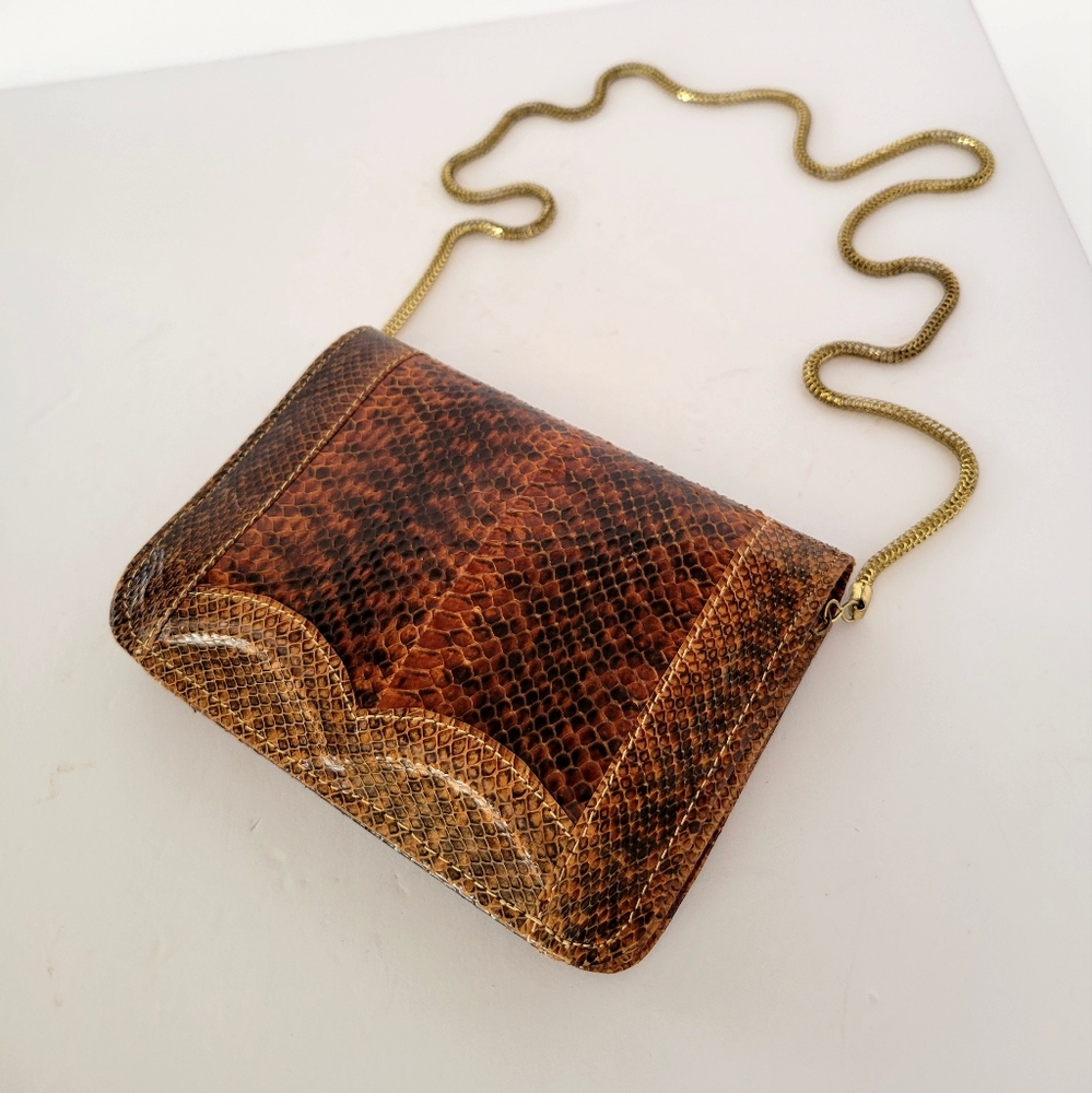 Chic Brown Snake Skin Shoulder Bag with Gold Chain